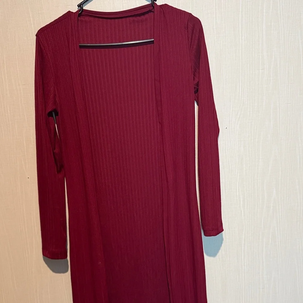 Open Front Ribbed Cardigan in Deep Wine - Picture 2 of 4